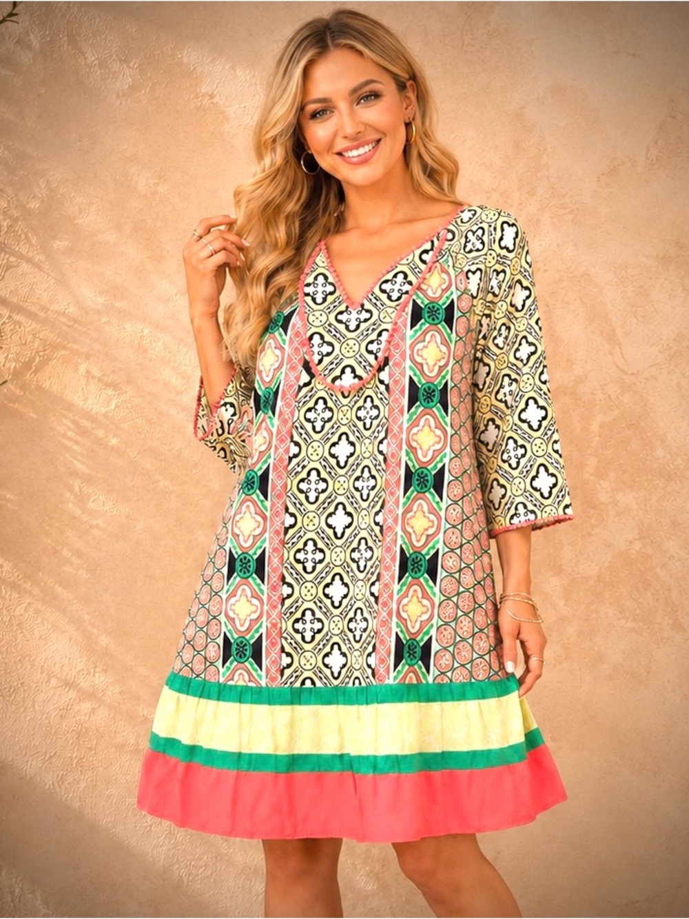 Crown & Ivy Shift Dress Medium M Boho Coastal Prep Geometric Pom Pom Rayon Mini